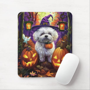 Spooky Bichon Frise Halloween Witch And Pumpkin Mouse Pad