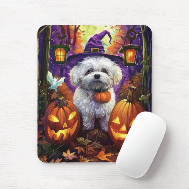 Spooky Bichon Frise Halloween Witch And Pumpkin Mouse Pad (With Mouse)