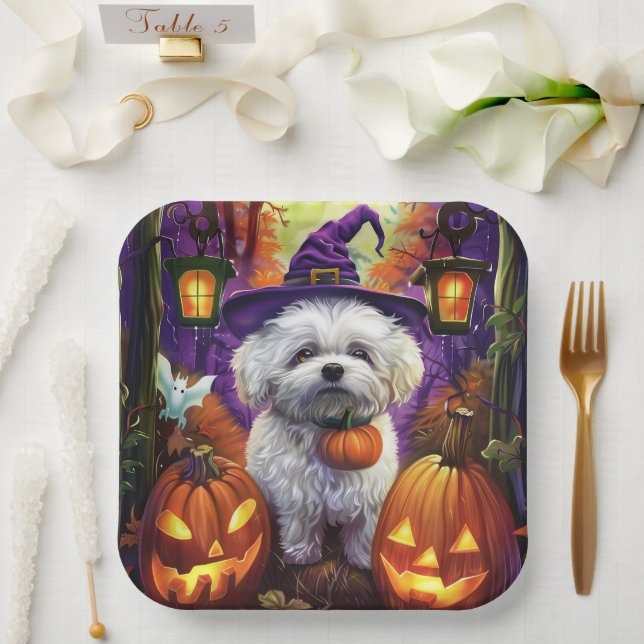 Spooky Bichon Frise Halloween Witch And Pumpkin Paper Plate (Wedding)