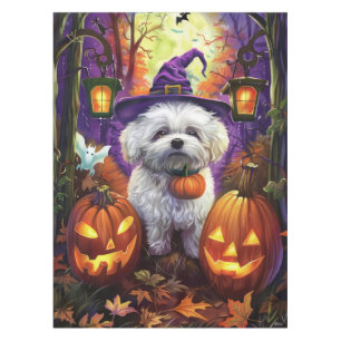 Spooky Bichon Frise Halloween Witch And Pumpkin Tablecloth