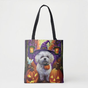 Spooky Bichon Frise Halloween Witch And Pumpkin Tote Bag