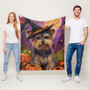 Spooky Biewer Terrier Halloween Witch And Pumpkin Fleece Blanket