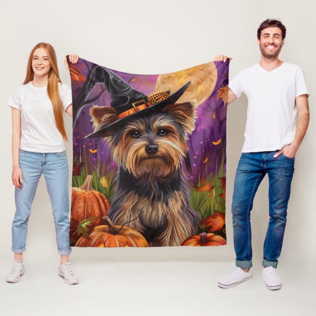 Spooky Biewer Terrier Halloween Witch And Pumpkin Fleece Blanket (In Situ)
