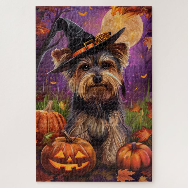 Spooky Biewer Terrier Halloween Witch And Pumpkin Jigsaw Puzzle (Vertical)