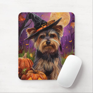 Spooky Biewer Terrier Halloween Witch And Pumpkin Mouse Pad