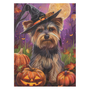 Spooky Biewer Terrier Halloween Witch And Pumpkin Tablecloth