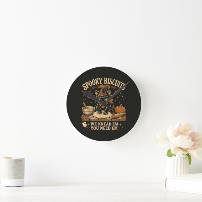 Spooky Biscuits Bakery Black Cat Halloween Round Clock (Home)