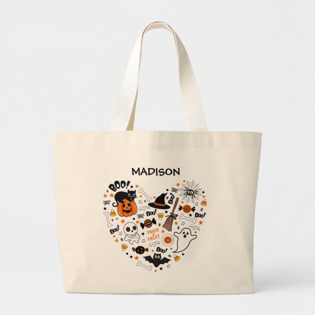 Spooky Black And Orange Halloween Large Tote Bag (Front)