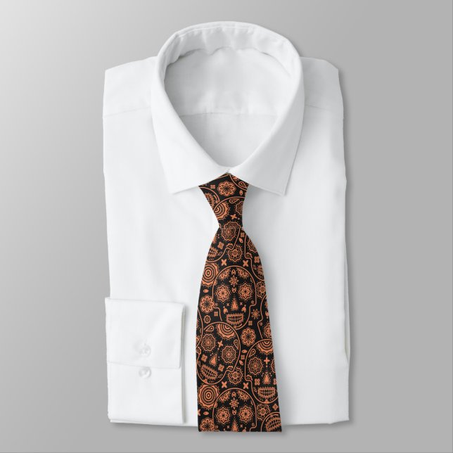 Spooky Black and orange sugar skull pattern Tie (Tied)