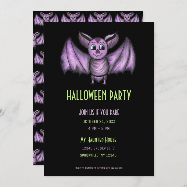 Spooky Black and Purple Bat Halloween Party Invitation (Front/Back)