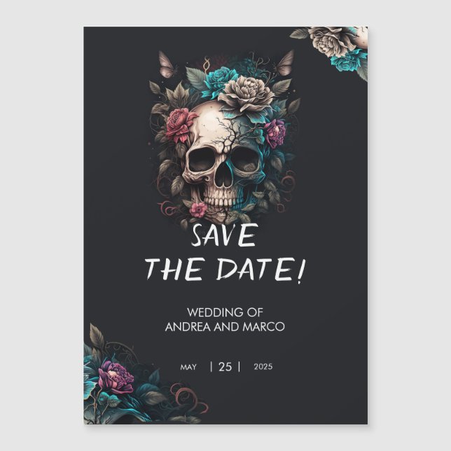Spooky Black and Purple Skull Gothic Save the Date Magnetic Invitation (Front)