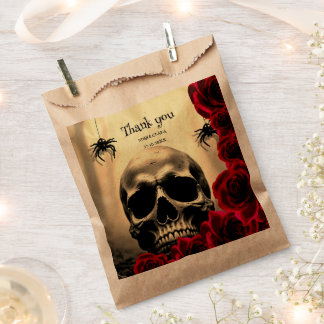 Spooky Black and Red Gothic Skull Roses Halloween Favour Bag