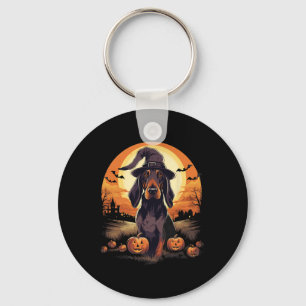 Spooky Black And Tan Coonhound Dog Witch Halloween Key Ring