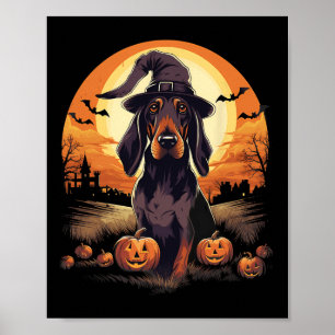 Spooky Black And Tan Coonhound Dog Witch Halloween Poster