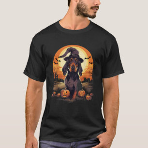 Spooky Black And Tan Coonhound Dog Witch Halloween T-Shirt