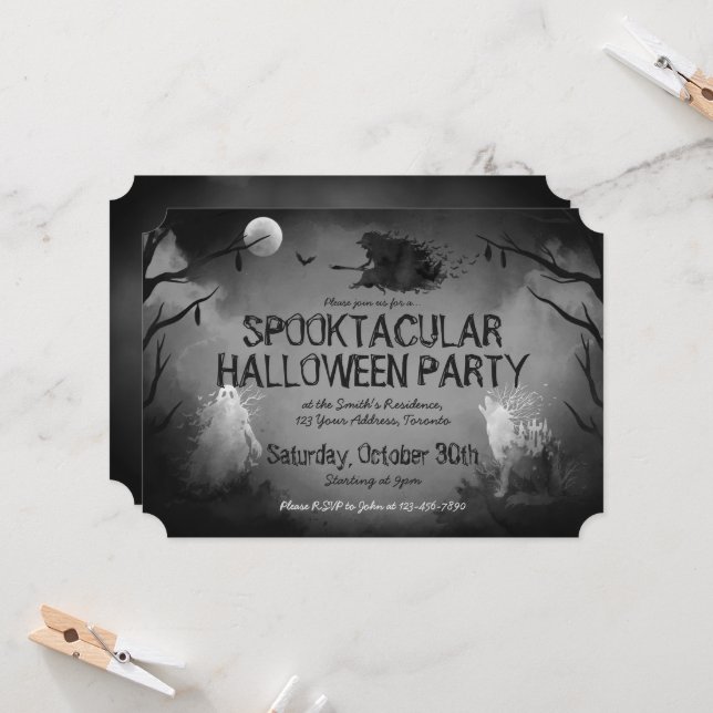 Spooky Black and White Halloween Party Invitation (Front/Back In Situ)
