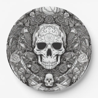 Spooky black and white skull Halloween party Paper Plate