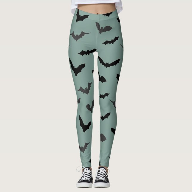Spooky Black Bats Pattern Halloween Leggings (Front)