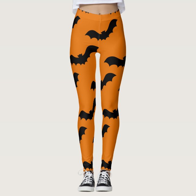 Spooky Black Bats Pattern Halloween Orange Leggings (Front)