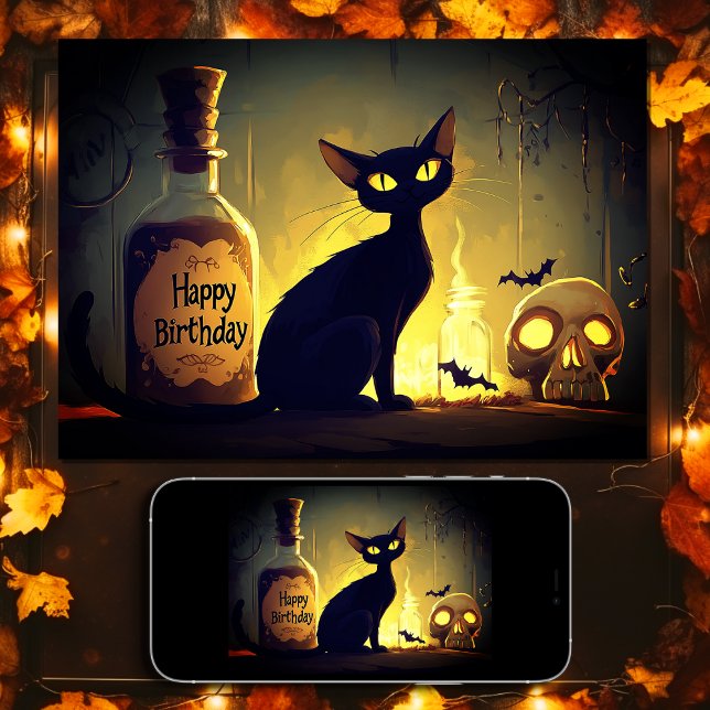 Spooky Black Cat and Skull Halloween Birthday Card (Scary Black Cat and Skull Happy Birthday Halloween Card)