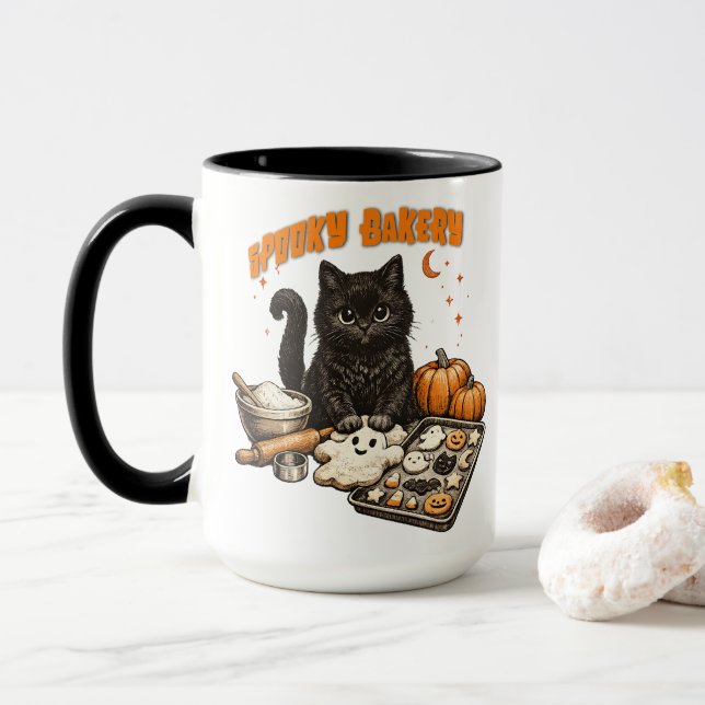 Spooky Black Cat Bakery Halloween BakingCookies Mug (With Donut)