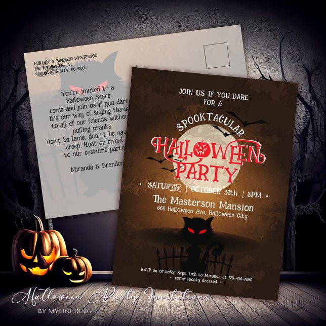 Spooky Black Cat Bats & Full Moon Halloween Invite Postcard (Creator Uploaded)