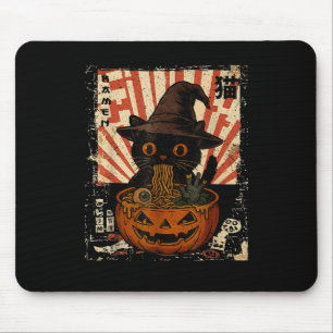 Spooky Black Cat Eating Ramen Japanese Halloween W Mouse Pad