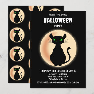 Spooky black cat green eyes with moon Halloween Invitation