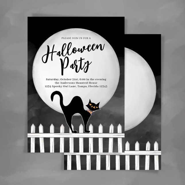 Spooky Black Cat Halloween Custom Party Invitation (Spooky black cat Halloween Party Invitations.)