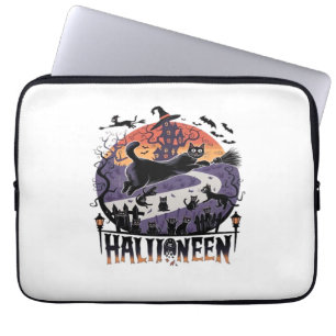 Spooky Black Cat Halloween Night – Vintage Haunted Laptop Sleeve
