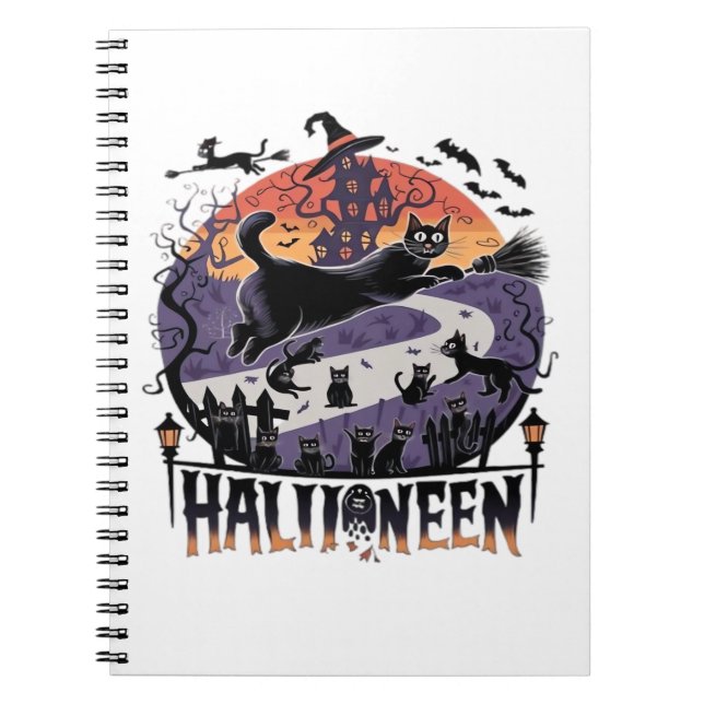 Spooky Black Cat Halloween Night – Vintage Haunted Notebook (Front)