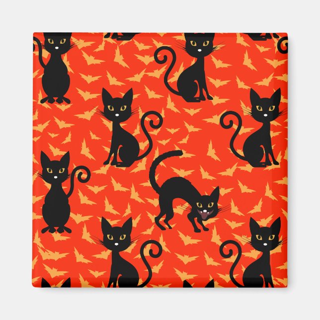 Spooky Black Cat Halloween Orange Bats Magnet (Front)