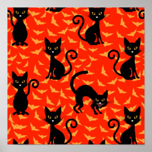 Spooky Black Cat Halloween Orange Bats Poster