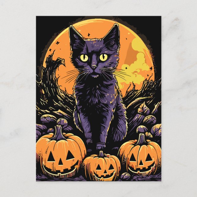 Spooky Black Cat Halloween Pumpkin Postcard (Front)