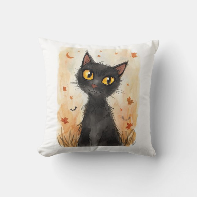 Spooky Black Cat Halloween Throw Pillow. Cushion (Front)