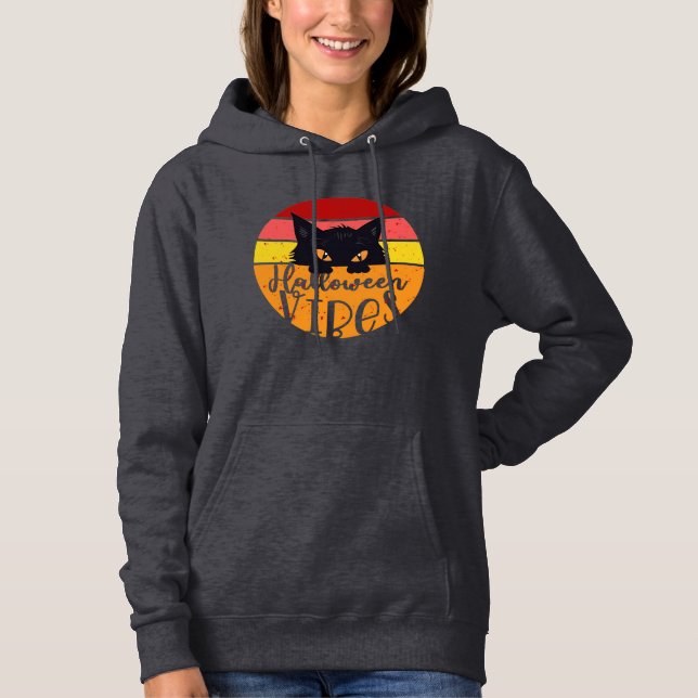 Spooky Black Cat Halloween Vibes Girlfriend Hoodie (Front)