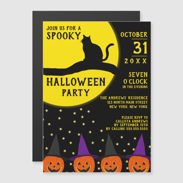 Spooky Black Cat Jack O'lantern Halloween Party Magnetic Invitation (Front/Back)