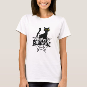 Spooky Black Cat on a Spiderweb Happy Halloween T-Shirt