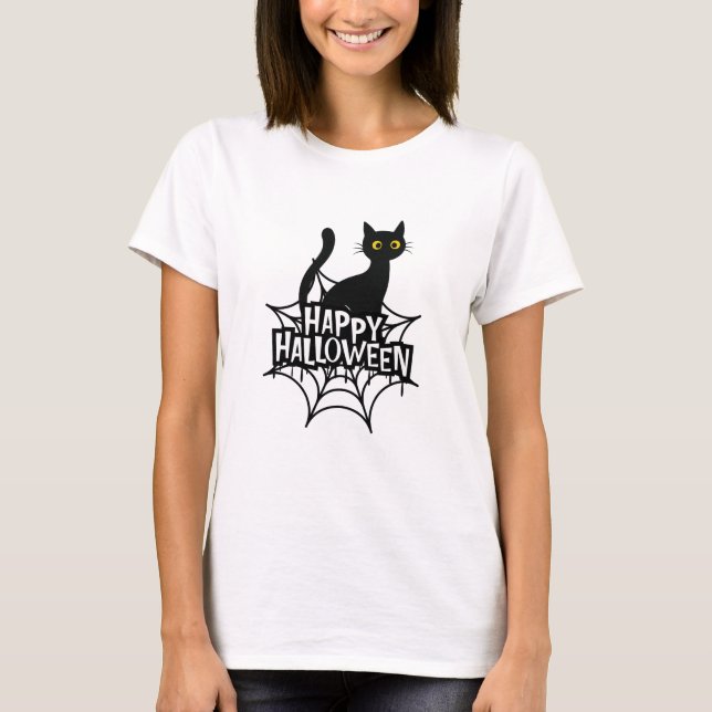 Spooky Black Cat on a Spiderweb Happy Halloween  T-Shirt (Front)