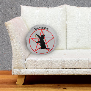 Spooky Black Cat on Pentagram Gold Star Grey Round Cushion