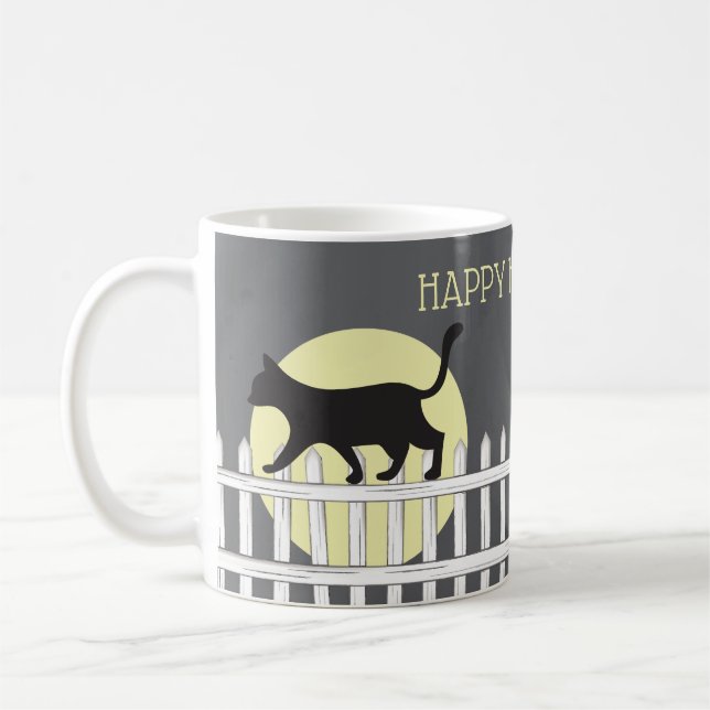 Spooky Black Cat on Picket Fence  Coffee Mug (Left)