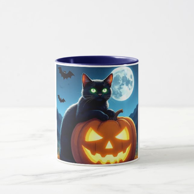 Spooky Black Cat on Pumpkin Halloween Mug (Center)