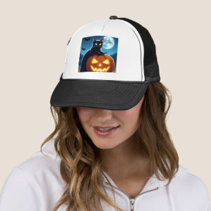 Spooky Black Cat on Pumpkin Halloween Trucker Hat