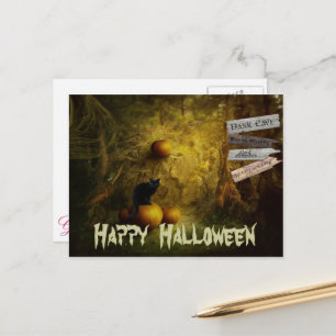 Spooky Black Cat, Pumpkin Halloween Postcard