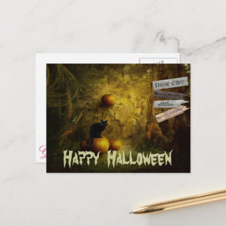 Spooky Black Cat, Pumpkin Halloween Postcard