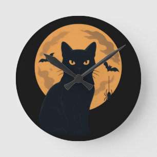 Spooky Black Cat Silhouette Halloween Gothic Cat Round Clock