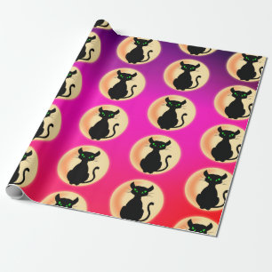 Spooky Black cat with green eyes pattern Wrapping Paper