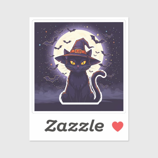 Spooky Black Cat with Witch Hat and Bats Sticker (Sheet)