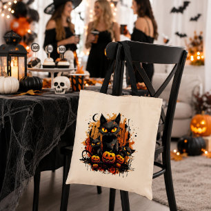 Spooky Black Cats with Jack O'Lanterns Halloween Tote Bag