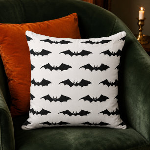 Spooky Black Flying Bats Pattern White Cushion